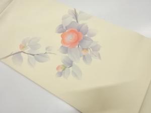 作家物　塩瀬　手描き　椿模様　名古屋帯